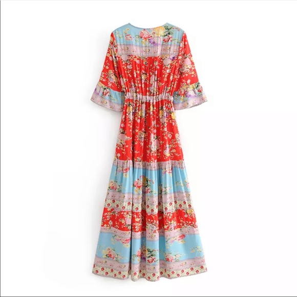 Red V Neck Boho Floral Gypsy Print Maxi Dress - Picture 4 of 16